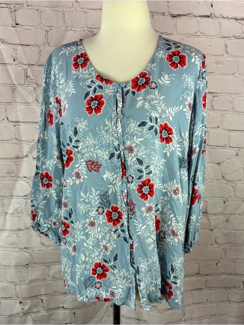 j. jill Blue Floral Button-Front blouse tunic Women L boho cottage coastal